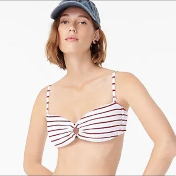 J. Crew | Scrunchie Ring Bandeau Bikini Top Stripe White Racing Red Textured New - Picture 4 of 15